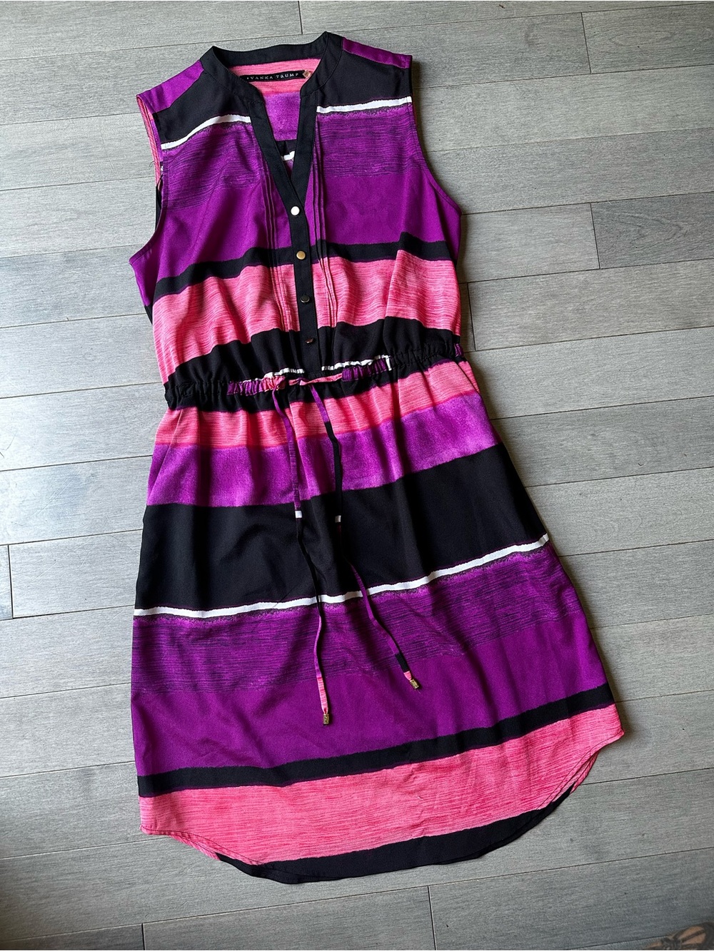 Women’s Ivanka Trump Sleeveless Stripe Purple Drawstring Waist Pocket Dress Sz 6
